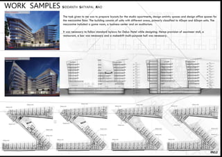 The task given to me was to prepare layouts for the studio apartments, design aminity spaces and design office spaces for
the mezzanine floor. The building consists of units with different areas, primarly classified to 40sqm and 60sqm units. The
mezzanine included a game room, a business center and an auditorium.
It was necessary to follow standard bylaws for Delux Hotel while designing. Hence provision of souvineer stall, a
restaurant, a bar was necessary and a makeshift multi-purpose hall was necessary.
IN12
WORK SAMPLES SIDDANTH SATYAPAL RAO
 