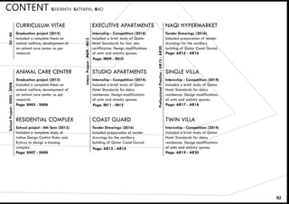 02
CONTENT SIDDANTH SATYAPAL RAO
Tender Drawings (2016)
Included preparation of tender
drawings for the ancillary
building of Qatar Coast Gurad.
COAST GUARD
Tender Drawings (2016)
Included preparation of tender
drawings for the ancillary
building of Qatar Coast Gurad.
NAQI HYPERMARKET
Graduation project (2015)
Included a complete thesis on
animal welfare, development of
an animal care center as per
research.
ANIMAL CARE CENTER
Graduation project (2015)
Included a complete thesis on
animal welfare, development of
an animal care center as per
research.
CURRICULUM VITAE
School project - 6th Sem (2013)
Included a complete study of
Indian Design Control Rules and
Bylaws to design a housing
complex.
RESIDENTIAL COMPLEX
Internship - Competition (2014)
Included a brief study of Qatar
Hotel Standards for four star
certification. Design modifications
of units and aminity spaces.
EXECUTIVE APARTMENTS
Internship - Competition (2014)
Included a brief study of Qatar
Hotel Standards for delux
residences. Design modifications
of units and aminity spaces.
STUDIO APARTMENTS
Internship - Competition (2014)
Included a brief study of Qatar
Hotel Standards for delux
residences. Design modifications
of units and aminity spaces.
SINGLE VILLA
Internship - Competition (2014)
Included a brief study of Qatar
Hotel Standards for delux
residences. Design modifications
of units and aminity spaces.
TWIN VILLA
SchoolProject-SH05-SH08
Page: SH05 - SH06
Page: SH07 - SH08
Page: IN09 - IN10
Page: IN11 - IN12
Page: AR13 - AR14
Page: AR15 - AR16
Page: AR17 - AR18
Page: AR19 - AR20
03-04
Intern.Project-IN09-IN12
ProfessionalPractice-AR13-AR20
 