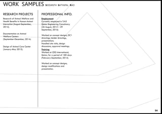 WORK SAMPLES SIDDANTH SATYAPAL RAO
04
Research of Animal Welfare and
Health Benefits In Human-Animal
Interaction (August-September,
2014).
Documentation on Animal
Welfare Centers
(September-December, 2014).
Design of Animal Care Center
(January-May 2015).
RESEARCH PROJECTS PROFESSIONAL INFO.
 