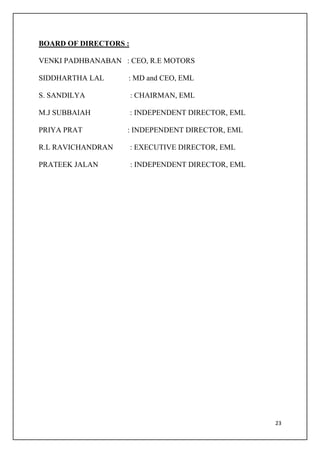 23
BOARD OF DIRECTORS :
VENKI PADHBANABAN : CEO, R.E MOTORS
SIDDHARTHA LAL : MD and CEO, EML
S. SANDILYA : CHAIRMAN, EML
M.J SUBBAIAH : INDEPENDENT DIRECTOR, EML
PRIYA PRAT : INDEPENDENT DIRECTOR, EML
R.L RAVICHANDRAN : EXECUTIVE DIRECTOR, EML
PRATEEK JALAN : INDEPENDENT DIRECTOR, EML
 