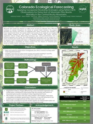 Colorado Ecological Forecasting
Applying Geospatial Modeling Strategies using NASA Earth
Observations for Detection of Mountain Pine Beetle
Mortality in the Central Rocky Mountains
Mountain pine beetle has infested 3.4 million acres of forest in Colorado since 1996 and
continues to spread throughout the forests of western North America. This project
identified the severity and extent of lodgepole pine (Pinus contorta) tree mortality at
Fraser Experimental Forest. The spatial extent and severity of the outbreak was mapped
using satellite imagery from the Landsat 5 Thematic Mapper (TM) sensor, spectral
vegetation indices, image differencing techniques (pre- and post-infestation), and a
boosted regression tree model. The methodology from this project can be scaled up to
assess mountain pine beetle impacts at a regional level. Results from this study will be used
to enhance forest management efforts in mitigating hazards from standing dead trees
and will provide a foundation for further research into the impacts of mountain pine
beetle on wildlife habitat, hydrology, and recreation.
We wish to thank…
Science Advisors
Dr. Paul Evangelista, CSU
Dr. Jeffrey Morisette, USGS
Previous NASA DEVELOP Colorado
Ecological Forecasting teams:
Matthew Luizza Steve Chignell
Amy Birtwistle Carl Reeder
Nicholas Young (Research Scientist, CSU)
Natural Resource Ecology Laboratory and the
Geospatial Centroid, Colorado State University
USDA Forest Service Rocky Mountain
Research Station and the USDA Forest
Service Fraser Experimental Forest
USGS Fort Collins Science Center
North Central Climate Science Center
CV Correlation:
0.78
Adjusted r2 :
0.80
Colorado Forest Restoration Institute
• Map and model the spatial extent of lodgepole pine (Pinus contorta) mortality within
Fraser Experimental Forest
• Establish a procedure for using remote sensing and spatial modeling to quantify
lodgepole pine mortality that can be applied at regional scales
• Provide enhanced forest management decision support tools to project partners
• Vegetation indices, image differencing, and a boosted regression tree
model were combined to effectively map the severity and extent of
mountain pine beetle mortality in Fraser Experimental Forest
• This model is accurate and uses only Landsat 5 TM imagery, field data,
and publicly available spatial data; therefore, it has the potential to be
scaled up to a regional level at little extra cost to the user
• More work is needed to test the model against an independent data set
and to test the model performance on a regional scale
Anthony Vorster1, Aaron Sidder1, Kelli Groy2, William Zawacki3, Paul Evangelista2, Nicholas Young2, Robert Hubbard4
1 Graduate Degree Program in Ecology, Colorado State University
2 Natural Resource Ecology Laboratory, Colorado State University
3 Forest and Rangeland Stewardship, Colorado State University
4 Rocky Mountain Research Station, USDA Forest Service, Fort Collins, CO
 