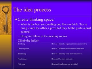 The idea process
♦ Create thinking space:
 – What is the best surrounding one likes to think. Try to
   bring it into the office ( provided they fit the professional
   culture)
 – Bring in Colour in the meeting rooms
 Climb the ladder:
 Top Rung                     How do I make the organization more innovative

 One rung down                How do I Make my division more innovative

 Third rung                   How do I make my team more innovative

 Fourth rung                  How can I be more innovative

 Fifth rung                   How can I implement one new idea?
 