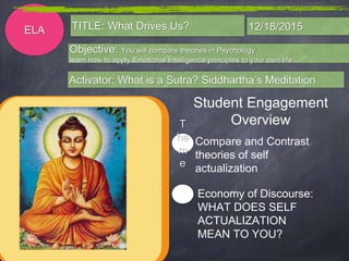 ELA
Objective: You will compare theories in Psychology
learn how to apply Emotional Intelligence principles to your own life.
Activator: What is a Sutra? Siddhartha’s Meditation
TITLE: What Drives Us? 12/18/2015
Student Engagement
Overview
Compare and Contrast
theories of self
actualization
Economy of Discourse:
WHAT DOES SELF
ACTUALIZATION
MEAN TO YOU?
T
he
m
e
 