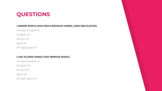I ADMIRE PEOPLE WHO OWN EXPENSIVE HOMES, CARS AND CLOTHES.
Strongly disagree (1)
Disagree (2)
Neutral (3)
Agree (4)
Strongly agree (5)
I LIKE TO OWN THINGS THAT IMPRESS PEOPLE.
Strongly disagree (1)
Disagree (2)
Neutral (3)
Agree (4)
Strongly agree (5)
 