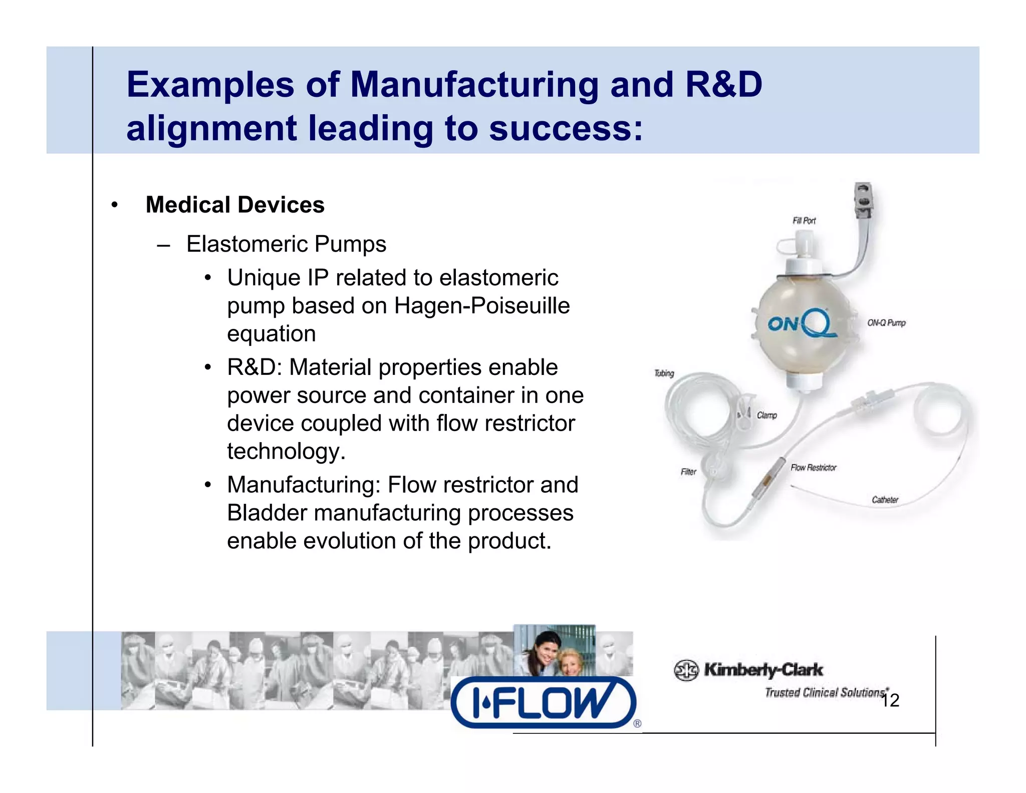 Examples of Manufacturing and R&D
    alignment leading to success:
       g            g
•    Medical Devices
     – Elastomeric Pumps
        • Unique IP related to elastomeric
           pump based on Hagen-Poiseuille
           equation
        • R&D: Material properties enable
           power source and container in one
           device coupled with flow restrictor
           technology.
           t h l
        • Manufacturing: Flow restrictor and
           Bladder manufacturing processes
           enable evolution of the product.




                                                 12
 
