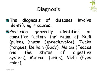 Diagnosis
The diagnosis of diseases involve
identifying it causes.
Physician
generally
identifies
of
causative factors thr‟ exam. of Nadi
(pulse), Dhwani (speech/voice), Twaka
(tongue), Deiham (Body), Malam (Feaces
and
the
status
of
digestive
system), Mutram (urine), Vizhi (Eyes
color)
10/22/2013

 