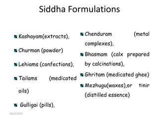 Siddha Formulations
Kashayam(extracts),
Churman (powder)
Lehiams (confections),
Tailams

(medicated

oils)
Gulligai (pills),
10/22/2013

Chenduram

(metal

complexes),
Bhasmam (calx prepared
by calcinations),
Ghritam (medicated ghee)
Mezhugu(waxes),or

(distilled essence)

tinir

 