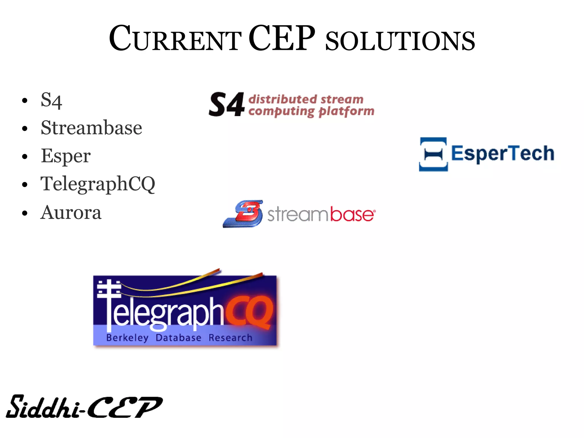 CURRENT CEP SOLUTIONS
•   S4
•   Streambase
•   Esper
•   TelegraphCQ
•   Aurora
 