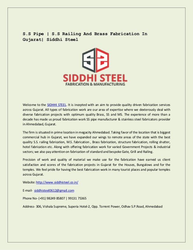 S.S Pipe S.S Railing And Brass Fabrication In Gujarat Siddhi Steel