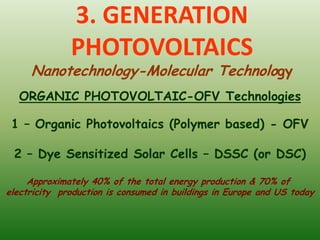 3. GENERATION
              PHOTOVOLTAICS
     Nanotechnology-Molecular Technology
  ORGANIC PHOTOVOLTAIC-OFV Technologies

 1 – Organic Photovoltaics (Polymer based) - OFV

 2 – Dye Sensitized Solar Cells – DSSC (or DSC)

     Approximately 40% of the total energy production & 70% of
electricity production is consumed in buildings in Europe and US today
 
