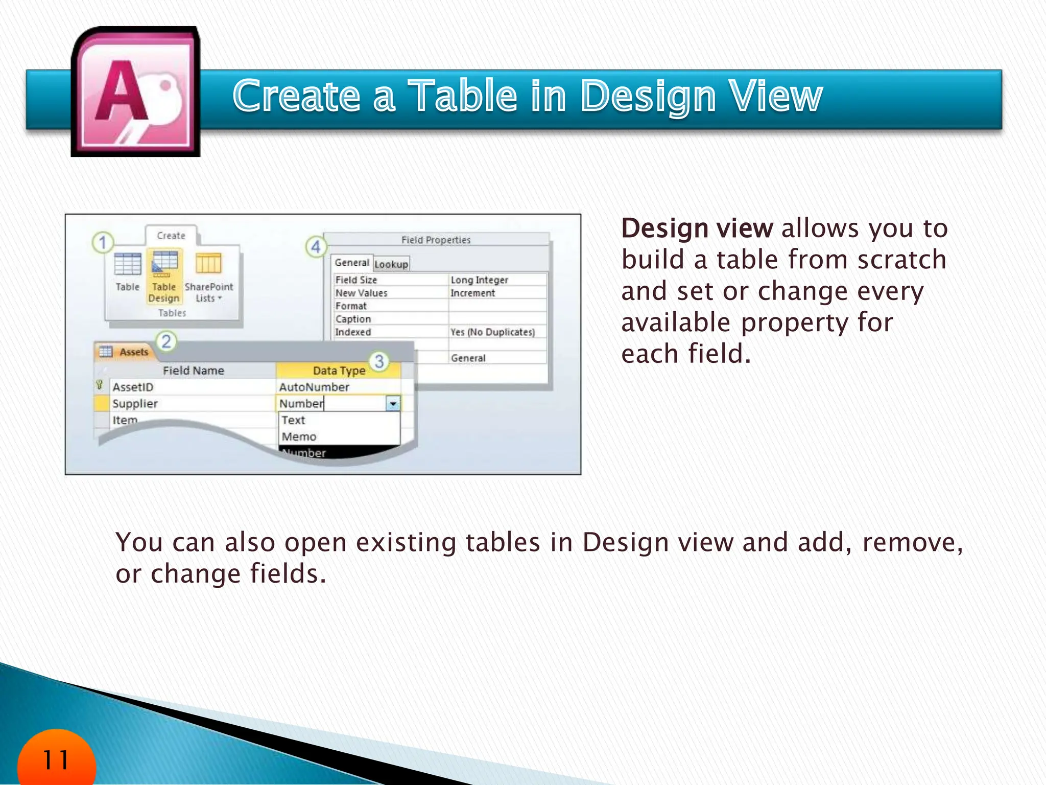 Design view allows you to
build a table from scratch
and set or change every
available property for
each field.
You can also open existing tables in Design view and add, remove,
or change fields.
11
 