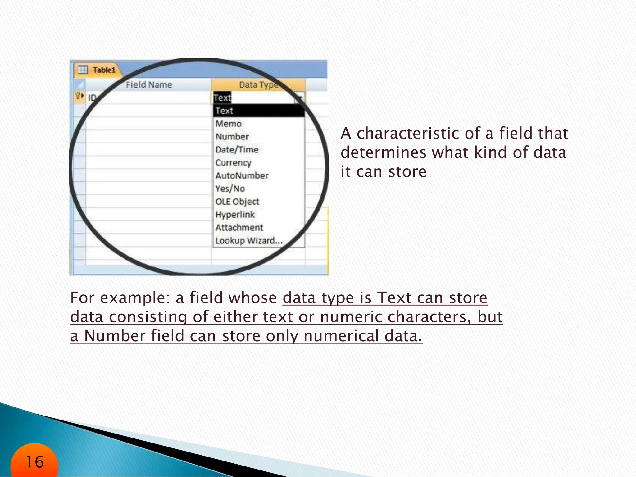 A characteristic of a field that
determines what kind of data
it can store
For example: a field whose data type is Text can store
data consisting of either text or numeric characters, but
a Number field can store only numerical data.
16
 
