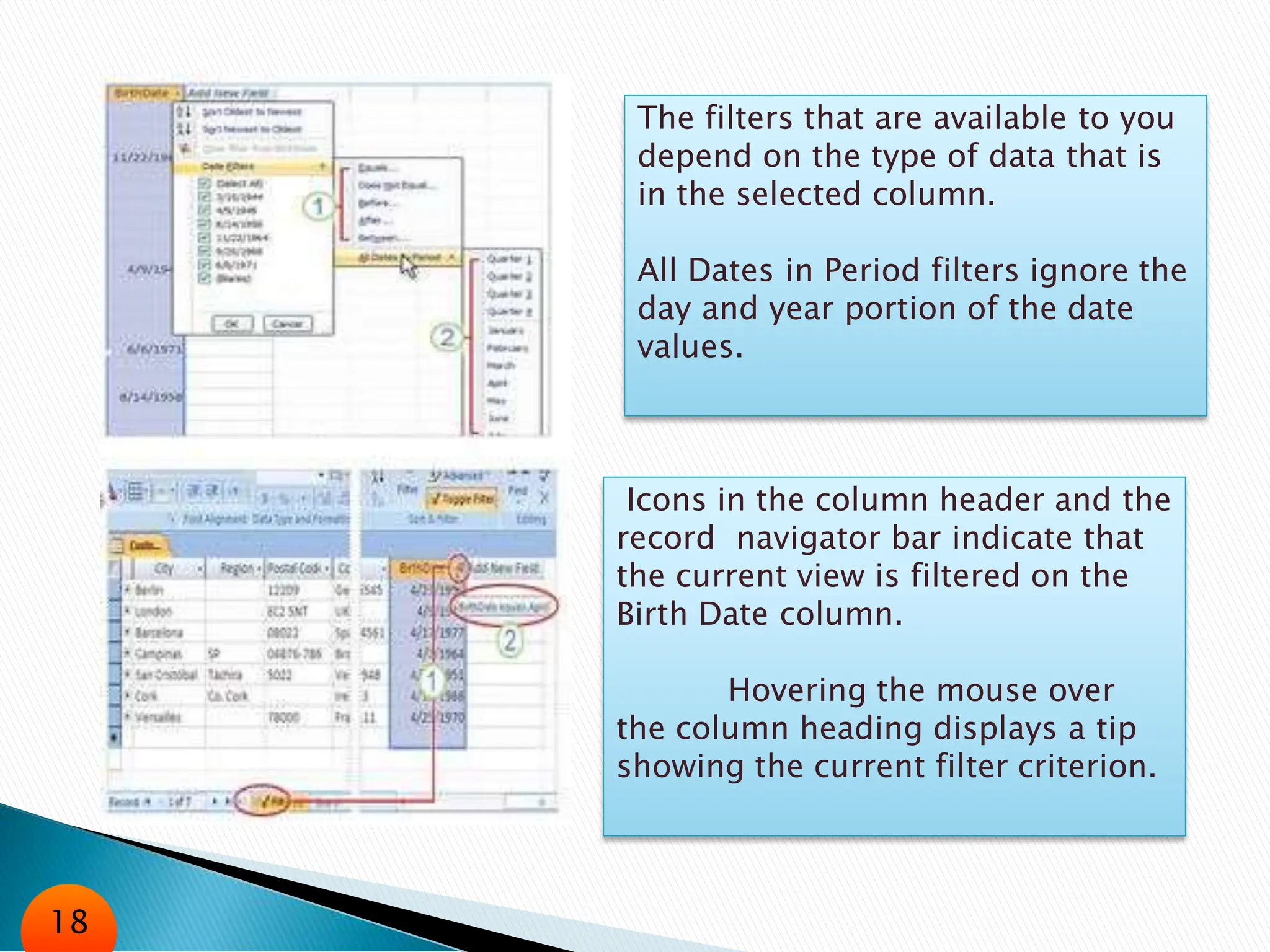 The filters that are available to you
depend on the type of data that is
in the selected column.
All Dates in Period filters ignore the
day and year portion of the date
values.
Icons in the column header and the
record navigator bar indicate that
the current view is filtered on the
Birth Date column.
Hovering the mouse over
the column heading displays a tip
showing the current filter criterion.
18
 