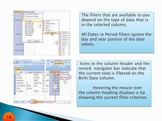 The filters that are available to you
depend on the type of data that is
in the selected column.
All Dates in Period filters ignore the
day and year portion of the date
values.
Icons in the column header and the
record navigator bar indicate that
the current view is filtered on the
Birth Date column.
Hovering the mouse over
the column heading displays a tip
showing the current filter criterion.
18
 