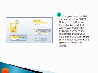 You just type the field
name and press ENTER.
Doing that shifts the
focus to the next field,
where you repeat the
process. As you work,
remember that if your
field names contain more
than one word, don’t use
spaces between the
words.
8
 