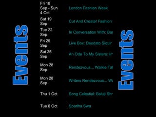 Rich   Mix  Events & Tickets Rich   Mix  Events & Tickets Events  Events  Fri 18 Sep - Sun 4 Oct  London Fashion Week  Sat 19 Sep  Cut And Create! Fashion Workshop  Tue 22 Sep  In Conversation With: Barbara Hulanicki  Fri 25 Sep  Live Box: Deodato Siquir  Sat 26 Sep  An Ode To My Sisters: Images of Elsewhere  Mon 28 Sep  Rendezvous... Walkie Talkie: Shaun Levin  Mon 28 Sep  Writers Rendezvous... Walkie Talkie  Thu 1 Oct  Song Celestial: Baluji Shrivastav + Gilles Abbott  Tue 6 Oct  Sparlha Swa  