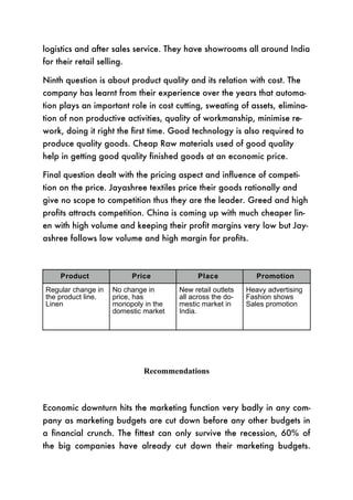 logistics and after sales service. They have showrooms all around India
for their retail selling.

Ninth question is about product quality and its relation with cost. The
company has learnt from their experience over the years that automa-
tion plays an important role in cost cutting, sweating of assets, elimina-
tion of non productive activities, quality of workmanship, minimise re-
work, doing it right the first time. Good technology is also required to
produce quality goods. Cheap Raw materials used of good quality
help in getting good quality finished goods at an economic price.

Final question dealt with the pricing aspect and influence of competi-
tion on the price. Jayashree textiles price their goods rationally and
give no scope to competition thus they are the leader. Greed and high
profits attracts competition. China is coming up with much cheaper lin-
en with high volume and keeping their profit margins very low but Jay-
ashree follows low volume and high margin for profits.



     Product                Price            Place             Promotion
Regular change in    No change in      New retail outlets   Heavy advertising
the product line.    price, has        all across the do-   Fashion shows
Linen                monopoly in the   mestic market in     Sales promotion
                     domestic market   India.




                               Recommendations



Economic downturn hits the marketing function very badly in any com-
pany as marketing budgets are cut down before any other budgets in
a financial crunch. The fittest can only survive the recession, 60% of
the big companies have already cut down their marketing budgets.
 