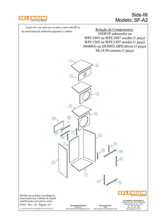 A L T O - F A L A N T E S 
Caixa três vias, para uso no palco, como side-fill ou 
na sonorização de ambientes pequenos e médios. 
13 
Devido aos avanços tecnológicos, 
reservamos-nos o direito de inserir 
modificações sem prévio aviso. 
Side-fill 
Modelo: SF-A2 
WPU1505 ou WPU1507 woofer (1 peça) 
D4400Ti ou D3300Ti DPD driver (1 peça) 
HL14-50 corneta (1 peça) 
ELETRÔNICA SELENIUM S.A. 
BR 386 Km 435 - CEP: 92.480-000 
Nova Santa Rita - RS - Brasil 
Tel.: (51) 479-4000 
Fax: (51) 479-1150 
www.selenium.com.br 
SELENIUM USA 
USA 
11 
www.seleniumloudspeakers.com 
SELENIUM EUROPE 
Germany 
www.seleniumloudspeakers.com 
A L T O - F A L A N T E S 
03/03 - Rev.: 01 - Página: 2/5 
F:CAIXAS ACÚSTICASSIDE-FILLSF-A2SF-A2 
Relação de Componentes: 
18SW1P subwoofer ou 
WPU1805 ou WPU1807 woofer (1 peça) 
2 
7 
1 
4 
6 5 
3 
6 
1 
2 
8 
3 
9 
11 10 
11 
11 
12 
12 
 