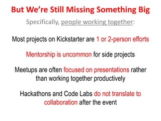 But We’re Still Missing Something Big
Specifically, people working together:
Most projects on Kickstarter are 1 or 2-perso...