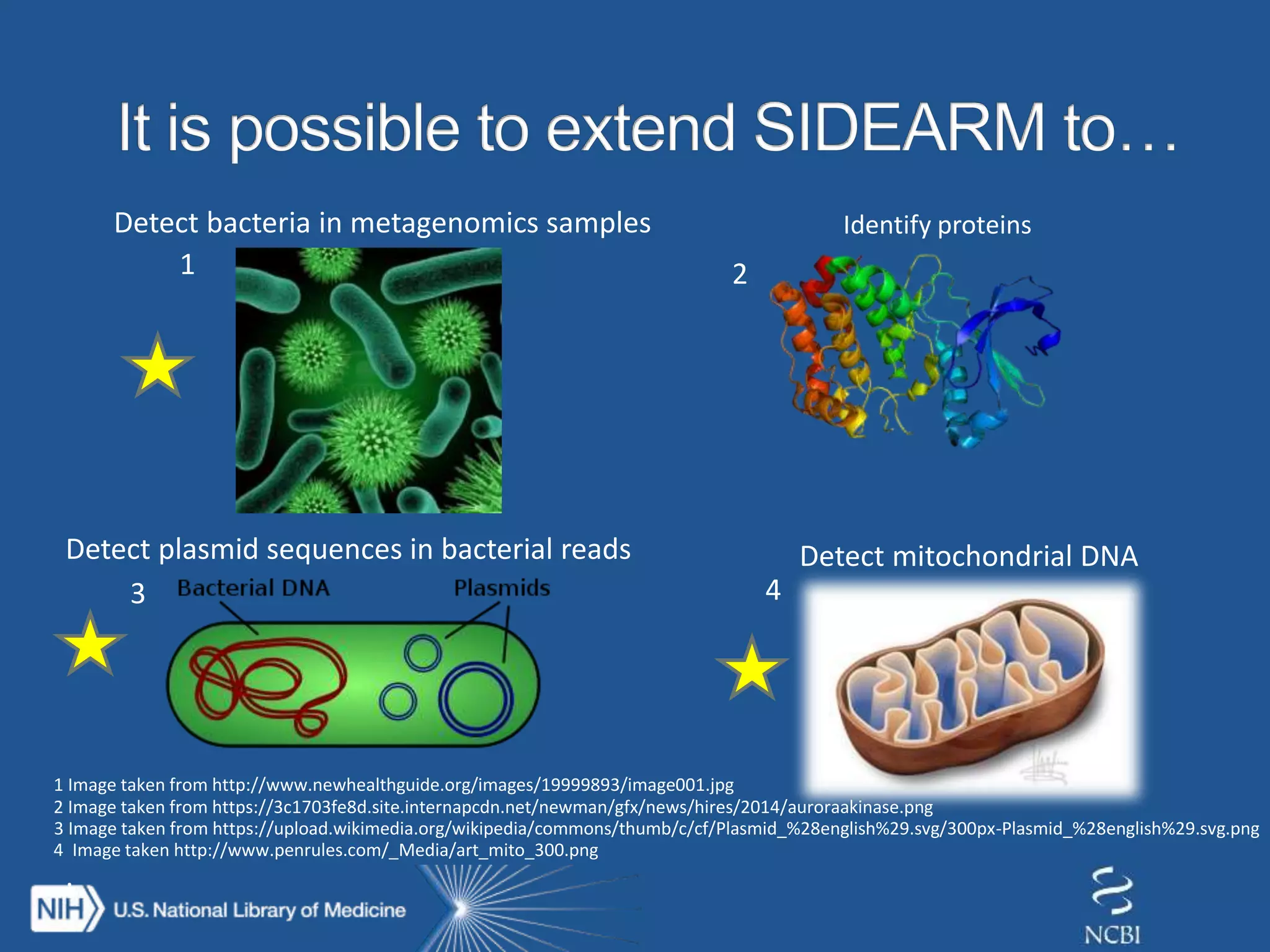 1
1 Image taken from http://www.newhealthguide.org/images/19999893/image001.jpg
2
2 Image taken from https://3c1703fe8d.site.internapcdn.net/newman/gfx/news/hires/2014/auroraakinase.png
Detect bacteria in metagenomics samples Identify proteins
3
Detect plasmid sequences in bacterial reads
.
3 Image taken from https://upload.wikimedia.org/wikipedia/commons/thumb/c/cf/Plasmid_%28english%29.svg/300px-Plasmid_%28english%29.svg.png
Detect mitochondrial DNA
4
4 Image taken http://www.penrules.com/_Media/art_mito_300.png
 