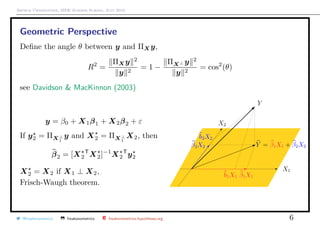 Arthur Charpentier, SIDE Summer School, July 2019
Geometric Perspective
Deﬁne the angle θ between y and ΠXy,
R2
=
ΠXy 2
y 2
= 1 −
ΠX⊥ y 2
y 2
= cos2
(θ)
see Davidson & MacKinnon (2003)
y = β0 + X1β1 + X2β2 + ε
If y2 = ΠX⊥
1
y and X2 = ΠX⊥
1
X2, then
β2 = [X2
T
X2]−1
X2
T
y2
X2 = X2 if X1 ⊥ X2,
Frisch-Waugh theorem.
@freakonometrics freakonometrics freakonometrics.hypotheses.org 6
 