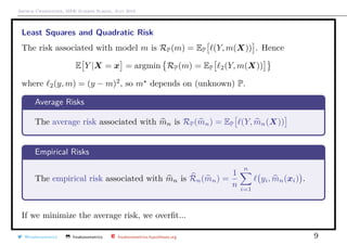 Arthur Charpentier, SIDE Summer School, July 2019
Least Squares and Quadratic Risk
The risk associated with model m is RP(m) = EP (Y, m(X)) . Hence
E Y |X = x = argmin RP(m) = EP 2(Y, m(X))
where 2(y, m) = (y − m)2
, so m depends on (unknown) P.
Average Risks
The average risk associated with mn is RP(mn) = EP (Y, mn(X))
Empirical Risks
The empirical risk associated with mn is Rn(mn) =
1
n
n
i=1
yi, mn(xi) .
If we minimize the average risk, we overﬁt...
@freakonometrics freakonometrics freakonometrics.hypotheses.org 9
 