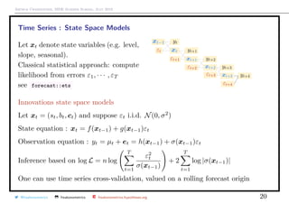 Arthur Charpentier, SIDE Summer School, July 2019
Time Series : State Space Models
Let xt denote state variables (e.g. level,
slope, seasonal).
Classical statistical approach: compute
likelihood from errors ε1, · · · , εT
see forecast::ets
Innovations state space models
Let xt = (st, bt, ct) and suppose εt i.i.d. N(0, σ2
)
State equation : xt = f(xt−1) + g(xt−1)εt
Observation equation : yt = µt + et = h(xt−1) + σ(xt−1)εt
Inference based on log L = n log
T
t=1
ε2
t
σ(xt−1)
+ 2
T
t=1
log |σ(xt−1)|
One can use time series cross-validation, valued on a rolling forecast origin
@freakonometrics freakonometrics freakonometrics.hypotheses.org 20
 