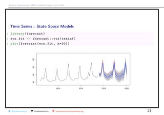 Arthur Charpentier, SIDE Summer School, July 2019
Time Series : State Space Models
1 library(forecast)
2 ets_fit <- forecast ::ets(trainY)
3 plot(forecast(ets_fit , h=30))
@freakonometrics freakonometrics freakonometrics.hypotheses.org 21
 