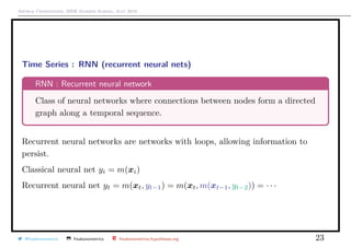 Arthur Charpentier, SIDE Summer School, July 2019
Time Series : RNN (recurrent neural nets)
RNN : Recurrent neural network
Class of neural networks where connections between nodes form a directed
graph along a temporal sequence.
Recurrent neural networks are networks with loops, allowing information to
persist.
Classical neural net yi = m(xi)
Recurrent neural net yt = m(xt, yt−1) = m(xt, m(xt−1, yt−2)) = · · ·
@freakonometrics freakonometrics freakonometrics.hypotheses.org 23
 