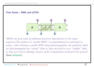 Arthur Charpentier, SIDE Summer School, July 2019
Time Series : RNN and LSTM
“RNNs can keep track of arbitrary long-term dependencies in the input
sequences.The problem of “vanilla RNNs” is computational (or practical) in
nature: when training a vanilla RNN using back-propagation, the gradients which
are back-propagated can “vanish” (that is, they can tend to zero) “explode” (that
is, they can tend to inﬁnity), because of the computations involved in the process”
(from wikipedia)
@freakonometrics freakonometrics freakonometrics.hypotheses.org 27
 