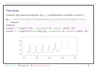Arthur Charpentier, SIDE Summer School, July 2019
Time Series
Consider the general prediction tyt+h = m(information available at time t)
1 hp <- read.csv("http:// freakonometrics .free.fr/ multiTimeline .csv",
skip =2)
2 T=86 -24
3 trainY <- ts(hp[1:T,2], frequency= 12, start= c(2012 , 6))
4 validY <- ts(hp[(T+1):nrow(hp) ,2], frequency= 12, start= c(2017 , 8))
@freakonometrics freakonometrics freakonometrics.hypotheses.org 3
 