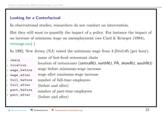 Arthur Charpentier, SIDE Summer School, July 2019
Looking for a Conterfactual
In observational studies, researchers do not conduct an intervention.
But they still want to quantify the impact of a policy. For instance the impact of
an increase of minimum wage on unemployment (see Card & Krueger (1994),
minwage.csv) )
In 1992, New Jersey (NJ) raised the minimum wage from 4.25to5.05 (per hour).
1 chain
2 location
3 wage_before
4 wage_after
5 full_before
6 full_after
7 part_before
8 part_after
name of fast-food restaurant chain
location of restaurants (centralNJ, northNJ, PA, shoreNJ, southNJ)
wage before minimum-wage increase
wage after minimum-wage increase
number of full-time employees
(before and after)
number of part-time employees
(before and after)
@freakonometrics freakonometrics freakonometrics.hypotheses.org 21
 