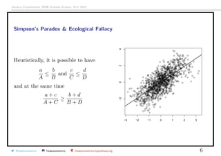 Arthur Charpentier, SIDE Summer School, July 2019
Simpson’s Paradox & Ecological Fallacy
Heuristically, it is possible to have
a
A
≤
b
B
and
c
C
≤
d
D
and at the same time
a + c
A + C
≥
b + d
B + D
q
q
q
q
q
q
q
q
q
q
q
q
q
q
q
q
q
q
q
q
q
q
q
q
q
q
q
q
q
q
q
q
q
q
q
q
q
q
q
q
q
q
q
q
q
q
q
q
q
q q
q
q
q
q
q
q
q
q
q qq
q
q
q
q
q
q q
q
q
q
q
q
q
q
q
q
q
q
q
q
q
q
q
q
q
q
q
q
qq
q
q
q
q
q
q
q
q
q
q
q
q
q
q
q
q
q
q
q
q
q q
q
q
qq
q
q
q
q
q
q
q
q
q
q
q
q
q
q
q
q
q
q
q
q
q
q
q
q
q
q
q
q
q
q
q
q
q
q
q
q
q
q
q
q
q
q
q
q
q
q
q
q
q
q
q
q
q
q
q
q
q
q
q
q
q
q
q
q
q
q
q
q
q
q
q
q
q
q
q
qq
q
q
q
q
q
q
q
q
q
q
q
q
q q
q
q
q
q
q
q
q
q
q
q
q
q
q
q
q
q
q
q
q
q
q
q
q
q
q
q
q
q
q
q
q
q
q q
q
q
q
q
q
q
q
q
q
q
q
q
q
q
q
q
q
q
q
q
q
q
q
q
q
q
q
q
q
q
q
q
q
q
q
q
q
q
q
q
q
q
q
q
q
q
q
q
q
q
q
q
q
q
q
q
q
q
q
q
q
q
q
q
q
q
q
q
q
q
q
q
q
q
q
q
q
q
q
q
q
q
q
q
q
q
q
q
q
q
q
q
q
q
q
q
q
q q
q
q
q
q
q
q
q
q q
q
q
q
q
q
q
q
q
q
q
q
q
q
q
q
q
q
q
q
q
q
q
q
q
q
q
q
q
q
q
q
q
q
q
q
q
q
q
q
q
q
q
q q
q
q
q
q
q
q
q
q
q
q
q
q
q
q
q
q
q
q
q
q
q q
q
q
q
q
q
q
q
q
q
q
q
q
q
q
q
q
q
q
q
q
q
q
q
q
q
q
qq
q
q
q
q
q
q
q
q
q
q
q
q
q
q
q
q
q
q
q
q
q
q
q
q
q
q
q
q
q
q
q
q
q
q
q
q
q
q
q
q
q
q
q
q
q
q q
q
q
q
q
q
q
q
q
q
q
q
q
q
qq
q
q
q
q
q
q
q
q
q
q
q
q
q q
q
q
q
q
q
q
q
q
q
q
q
q
q
q
q
q
q
q
q
qq
q
q
q
q
q
q
q
q q
q
q
q
q
q
q
q
q
q
q
q
q
q
q
q
q
q
q
q
q
q
q
q
q
q
q
q
q
q
q
q
q
q
q
q
q
q
q
q
q
q
q
q
q
q
q
q
q
q
q
q
q
q q
q
q
q
q
q
q
q
q
q
q
q
q
q
q
q
q
q
q
q
q
q
q
q
q
q
q
q
q
qq
q
q
q
q
q
q q
q
q
q
q
q
q
q
q
q
q
q
q
q
q
q
q
q
q
q
q
q
q
q
q
q
q
q
q
q
q
q
q
q
q
q
q
q
q
q
qq
q
q
q
q
q
q
q
q
q
q
q
q
q
q
q q
q
q
q
q
q
q
q
q
q
q
q
q
q
q
q
q
q
q
q
q
q
q
q
q
q
q
q
q
q
q
q
q
q
q
q
q
q
q
q
q
q
q
q
q
q
q
q
q
q
q
q q
q
q
q
q
q
q
q
q
q
q
q
q
q q
q
q
q
q
q
q
q
q
q
q
q
q
q
q
q
q
q
q
q
q
q
q
q
q
q
q
q
q
q
q
q
q
q
q
qq
q
q
q
q
q
q
q
q
q
q q
q q
q
q
q
q
q
q
q
q
q
q
q
q
q
q
q
q
q
q
q
q
q
q
q
q
q
q
q
q
q
q
q
q
q
q
q
q
qq
q
q
q
q
q
q
q
q
q
q
q q
q
q
q
q
q
q
q
q
q
q
q
q
q
q
q
q
q
q
q
q
q
q
q
q
q
q
q
q
q
q
q
q
q
q
qq
q
q
q
q
q
q
qq
q
q
q
q
q
q
q
q
q
q
q
q
q q
q
q
q
q
q
q
q
q
q
q
q
q
q
q
q
q
q
q
q
q
q
q
q
q
q
q
q
q q
q
q
q
q
q
q
q
q
q
q
q
q
q
q
q
q
q
q
q
q
q
q
q
q
q
q
q
q
q
q
q
q
q
q
q
q
q
q
q
q
q
q
q
q
q
q
q
q
q
q
q
q
q
q
q
q
q
q
q
q
q
q
q
q
q
q
q
q
q
q
q
q
q
q
q
q
q
q
q
q
q
q
q
q
q
q
q
q
q
q
q
qq
q
q
q
q
q
q
q
q
q
q
q
q
q
q
q
q
q
q
qq
q
q
q
q
q
q
q
q
q
q
q
q
q
q
q
q
q
q
q
q
q
q
q
q
q
q
q
q
q
q
q
q
q
q
q
q
q
q
q
q
q
qq
q
q
q
q
q
q
q
q
q
qq
q
q
q
q
q
q
q
q
q
q
q
q
q
q
q
q
q
q
q
q
q
q
q
q
q
q
q
q
q
q
q q
q
q
q
q
q
q
q
q
q
q
q
q
q
q
q
q
q
q
q
q
q
q
q
q
q
q
q
q
q
q
q
q
q
q q
q
q
q
q
q
q
q
q
q
q q
q
q
q q
−3 −2 −1 0 1 2 3−2024
@freakonometrics freakonometrics freakonometrics.hypotheses.org 6
 