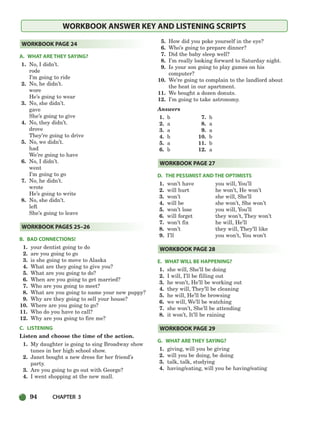 94 CHAPTER 3
WORKBOOK ANSWER KEY AND LISTENING SCRIPTS
A. WHAT ARE THEY SAYING?
1. No, I didn’t.
rode
I’m going to ride
2. No, he didn’t.
wore
He’s going to wear
3. No, she didn’t.
gave
She’s going to give
4. No, they didn’t.
drove
They’re going to drive
5. No, we didn’t.
had
We’re going to have
6. No, I didn’t.
went
I’m going to go
7. No, he didn’t.
wrote
He’s going to write
8. No, she didn’t.
left
She’s going to leave
B. BAD CONNECTIONS!
1. your dentist going to do
2. are you going to go
3. is she going to move to Alaska
4. What are they going to give you?
5. What are you going to do?
6. When are you going to get married?
7. Who are you going to meet?
8. What are you going to name your new puppy?
9. Why are they going to sell your house?
10. Where are you going to go?
11. Who do you have to call?
12. Why are you going to fire me?
C. LISTENING
Listen and choose the time of the action.
1. My daughter is going to sing Broadway show
tunes in her high school show.
2. Janet bought a new dress for her friend’s
party.
3. Are you going to go out with George?
4. I went shopping at the new mall.
5. How did you poke yourself in the eye?
6. Who’s going to prepare dinner?
7. Did the baby sleep well?
8. I’m really looking forward to Saturday night.
9. Is your son going to play games on his
computer?
10. We’re going to complain to the landlord about
the heat in our apartment.
11. We bought a dozen donuts.
12. I’m going to take astronomy.
Answers
1. b 7. b
2. a 8. a
3. a 9. a
4. b 10. b
5. a 11. b
6. b 12. a
D. THE PESSIMIST AND THE OPTIMISTS
1. won’t have you will, You’ll
2. will hurt he won’t, He won’t
3. won’t she will, She’ll
4. will be she won’t, She won’t
5. won’t lose you will, You’ll
6. will forget they won’t, They won’t
7. won’t fix he will, He’ll
8. won’t they will, They’ll like
9. I’ll you won’t, You won’t
E. WHAT WILL BE HAPPENING?
1. she will, She’ll be doing
2. I will, I’ll be filling out
3. he won’t, He’ll be working out
4. they will, They’ll be cleaning
5. he will, He’ll be browsing
6. we will, We’ll be watching
7. she won’t, She’ll be attending
8. it won’t, It’ll be raining
G. WHAT ARE THEY SAYING?
1. giving, will you be giving
2. will you be doing, be doing
3. talk, talk, studying
4. having/eating, will you be having/eating
WORKBOOK PAGE 29
WORKBOOK PAGE 28
WORKBOOK PAGE 27
WORKBOOK PAGES 25–26
WORKBOOK PAGE 24
064-103_SBSTG3_CH03.qxp 7/10/07 2:17 PM Page 94
 