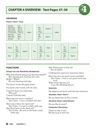 104 CHAPTER 4
FUNCTIONS
ASKING FOR AND REPORTING INFORMATION
Why isn’t Charlie going to go bowling tonight?
He’s already gone bowling this week.
Really? When?
He went bowling yesterday.
I’ve driven trucks for many years.
I’ve never eaten lunch with the boss.
I haven’t swum in a long time.
Why not?
I haven’t had the time.
Have you ever seen a rainbow?
Yes, I have. I saw a rainbow last year.
Have you written the report yet?
Yes, I have. I wrote it a little while ago.
Has David gone to the bank yet?
Yes, he has. He went to the bank a little
while ago.
Has Timmy gone to bed yet?
No, he hasn’t.
I still haven’t typed two important letters.
Have you seen any good movies recently?
Yes, I have. I saw a very good movie last
week.
What movie did you see?
I saw The Wedding Dancer.
INTENTION
I’m going to eat lunch with the boss tomorrow.
INQUIRING ABOUT ABILITY
Do you know how to drive trucks?
INQUIRING ABOUT LIKES/DISLIKES
Do you like to swim?
EXPRESSING OBLIGATION
I have to take it now.
He has to go to bed now.
GRAMMAR
CHAPTER 4 OVERVIEW: Text Pages 37–50
PRESENT PERFECT TENSE
(I have) I’ve
(We have) We’ve
(You have) You’ve
(They have) They’ve eaten.
(He has) He’s
(She has) She’s
(It has) It’s
I
Have
we
you
they eaten?
he
Has she
it
I
We
haven’t
You
They eaten.
He
She hasn’t
It
I
we
have.
you
Yes, they
he
she has.
it
I
we
haven’t.
you
No, they
he
she hasn’t.
it
104-149_SBSTG3_CH04.qxp 7/10/07 2:18 PM Page 104
 