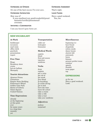 CHAPTER 4 105
NEW VOCABULARY
At Work
bookkeeper
inventory
mail room
office clerk
paycheck
presentation
report
Free Time
Bingo
Broadway show
cruise
hot-air balloon
Monopoly
Tourist Attractions
Alcatraz Prison
Chinatown
Empire State Building
Fisherman’s Wharf
Golden Gate Park
Statue of Liberty
Times Square
United Nations
Time Expressions
already
at the beginning
at this point
ever
for many years
in a long time
recently
yet
Transportation
cable car
helicopter
limousine
Medical Words
aspirin
blood
first-aid course
injection
medicine
Verbs
draw
explain
get a raise
get rid of
get stuck
give blood
go kayaking
go scuba diving
got to bed
have the time
leave for school
take a cruise
take a ride
take a tour
take your medicine
Adjectives
jealous
surprised
Miscellaneous
beginning (n)
best friend
chopsticks
cotton candy
dance lesson
electric bill
extremely
horse
kimono
present prefect tense
rainbow
speech
Swahili
term paper
top
EXPRESSIONS
as for me
Have a good weekend.
Look!
EXPRESSING AN OPINION
It’s one of the best movies I’ve ever seen.
EXPRESSING SATISFACTION
How was it?
It was excellent/very good/wonderful/great/
fantastic/terrific/phenomenal/
awesome.
INITIATING A CONVERSATION
I see you haven’t gone home yet.
EXPRESSING AGREEMENT
That’s right.
LEAVE-TAKING
Have a good weekend.
You, too.
104-149_SBSTG3_CH04.qxp 7/10/07 2:18 PM Page 105
 