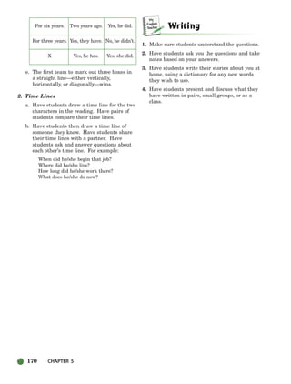 170 CHAPTER 5
For six years. Two years ago. Yes, he did.
For three years. Yes, they have. No, he didn’t.
X Yes, he has. Yes, she did.
e. The first team to mark out three boxes in
a straight line—either vertically,
horizontally, or diagonally—wins.
2. Time Lines
a. Have students draw a time line for the two
characters in the reading. Have pairs of
students compare their time lines.
b. Have students then draw a time line of
someone they know. Have students share
their time lines with a partner. Have
students ask and answer questions about
each other’s time line. For example:
When did he/she begin that job?
Where did he/she live?
How long did he/she work there?
What does he/she do now?
1. Make sure students understand the questions.
2. Have students ask you the questions and take
notes based on your answers.
3. Have students write their stories about you at
home, using a dictionary for any new words
they wish to use.
4. Have students present and discuss what they
have written in pairs, small groups, or as a
class.
150-185_SBSTG3_CH05.qxp 7/10/07 2:18 PM Page 170
 