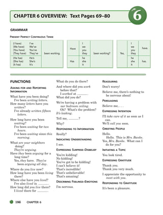 186 CHAPTER 6
FUNCTIONS
ASKING FOR AND REPORTING
INFORMATION
What have you been doing?
I’ve been writing letters.
How many letters have you
written?
I’ve already written fifteen
letters.
How long have you been
waiting?
I’ve been waiting for two
hours.
I’ve been waiting since this
morning.
What are your neighbors
doing?
They’re arguing.
Have they been arguing for a
long time?
Yes, they have. They’ve
been arguing all day.
Where do you live now?
How long have you been living
there?
Where else have you lived?
I’ve also lived in .
How long did you live there?
I lived there for .
What do you do there?
And where did you work
before that?
I worked at .
What did you do?
We’re having a problem with
our bedroom ceiling.
Oh? What’s the problem?
It’s leaking.
Tell me, ?
Why?
RESPONDING TO INFORMATION
Really?
INDICATING UNDERSTANDING
I see.
EXPRESSING SURPRISE–DISBELIEF
You’re kidding!
No kidding!
You’ve got to be kidding!
I can’t believe it!
That’s incredible!
That’s unbelievable!
That’s amazing!
DESCRIBING FEELINGS–EMOTIONS
I’m nervous.
REASSURING
Don’t worry!
Believe me, there’s nothing to
be nervous about!
PERSUADING
Believe me, . . .
EXPRESSING INTENTION
I’ll take care of it as soon as I
can.
We’ll call you soon.
GREETING PEOPLE
Hello.
Hello. This is Mrs. Banks.
Yes, Mrs. Banks. What can I
do for you?
INITIATING A TOPIC
You look tired.
EXPRESSING GRATITUDE
Thank you.
Thank you very much.
I appreciate the opportunity to
meet with you.
RESPONDING TO GRATITUDE
It’s been a pleasure.
GRAMMAR
CHAPTER 6 OVERVIEW: Text Pages 69–80
PRESENT PERFECT CONTINUOUS TENSE
(I have) I’ve
(We have) We’ve
(You have) You’ve
(They have) They’ve been working.
(He has) He’s
(She has) She’s
(It has) It’s
I
we
Have
you
they been working?
he
Has she
it
I
we
have.
you
Yes, they
he
she has.
it
186-217_SBSTG3_CH06.qxp 7/12/07 8:28 AM Page 186
 