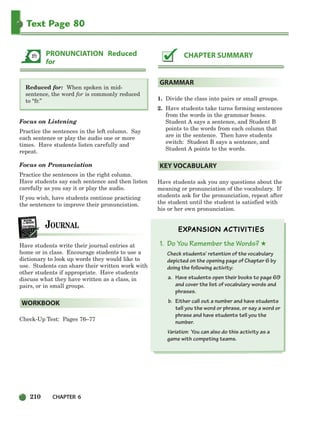 210 CHAPTER 6
Text Page 80
Reduced for: When spoken in mid-
sentence, the word for is commonly reduced
to “fr.”
Focus on Listening
Practice the sentences in the left column. Say
each sentence or play the audio one or more
times. Have students listen carefully and
repeat.
Focus on Pronunciation
Practice the sentences in the right column.
Have students say each sentence and then listen
carefully as you say it or play the audio.
If you wish, have students continue practicing
the sentences to improve their pronunciation.
Have students write their journal entries at
home or in class. Encourage students to use a
dictionary to look up words they would like to
use. Students can share their written work with
other students if appropriate. Have students
discuss what they have written as a class, in
pairs, or in small groups.
Check-Up Test: Pages 76–77
1. Divide the class into pairs or small groups.
2. Have students take turns forming sentences
from the words in the grammar boxes.
Student A says a sentence, and Student B
points to the words from each column that
are in the sentence. Then have students
switch: Student B says a sentence, and
Student A points to the words.
Have students ask you any questions about the
meaning or pronunciation of the vocabulary. If
students ask for the pronunciation, repeat after
the student until the student is satisfied with
his or her own pronunciation.
1. Do You Remember the Words? ★
Check students’ retention of the vocabulary
depicted on the opening page of Chapter 6 by
doing the following activity:
a. Have students open their books to page 69
and cover the list of vocabulary words and
phrases.
b. Either call out a number and have students
tell you the word or phrase, or say a word or
phrase and have students tell you the
number.
Variation: You can also do this activity as a
game with competing teams.
KEY VOCABULARY
GRAMMAR
CHAPTER SUMMARY
WORKBOOK
PRONUNCIATION Reduced
for
186-217_SBSTG3_CH06.qxp 7/10/07 2:19 PM Page 210
 