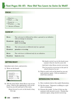 232 CHAPTER 7
Text Pages 86–87: How Did You Learn to Swim So Well?
RULE: The verb start is followed by either a gerund or an infinitive
with no change in meaning.
EXAMPLES: start to swim
start swimming
RULE: The verb practice is followed only by a gerund.
EXAMPLE: practice swimming
RULE: The verb learn is followed only by an infinitive.
EXAMPLE: learn to swim
CLOSE UP
FOCUS
{
{
Introduce start, learn, and practice.
1. Write on the board:
learned to
started to
started ing
practice ing
2. Tell the story below about Bruno one or two
times. Point to the appropriate verb on the
board as you tell each part of the story.
Bruno learned to swim at the beach a long
time ago.
His family started to go to the beach every
summer when he was five years old.
And that’s when Bruno started swimming.
Now he practices swimming in the pool at
school whenever he can.
3. Point to each verb on the board as you say
each sentence again. Call on students to
retell that sentence.
1. Have students look at the model illustration.
2. Set the scene: “Someone is talking to a girl
who is swimming.”
3. Present the model. In line 2, first say the
sentence with started to swim. Present the
sentence again, using started swimming.
INTRODUCING THE MODEL
GETTING READY
Start to
• Start ing
Learn to
• Practice ing
• Review of Tenses
218-251_SBSTG3_CH07.qxp 7/12/07 8:29 AM Page 232
 