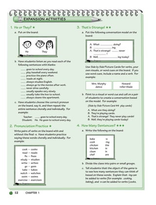 12 CHAPTER 1
Mrs. Murphy
dance
Howard
roller-blade
1. He or They? ★
a. Put on the board:
b. Have students listen as you read each of the
following sentences with blanks:
goes to school every day.
play baseball every weekend.
practice the piano often.
reads at night.
always studies English.
always go to the movies after work.
never drive carefully.
usually speaks very slowly.
usually take the bus to school.
always cleans the apartment.
c. Have students choose the correct pronoun
on the board, say it, and then repeat the
entire sentence chorally and individually. For
example:
Teacher: goes to school every day.
Student: He. He goes to school every day.
2. Pronunciation Practice ★
Write pairs of verbs on the board with and
without the final -s. Have students practice
saying these words chorally and individually. For
example:
cook – cooks
read – reads
fix – fixes
study – studies
write – writes
go – goes
take – takes
watch – watches
swim – swims
exercise – exercises
3. That’s Strange! ★★
a. Put the following conversation model on the
board:
A. What doing?
B. ing.
A. That’s strange! never
!
B. Well, ing today!
Use Side by Side Picture Cards for verbs, your
own visuals, or word cues on the board. If you
use word cues, include a name and a verb. For
example:
b. Point to a visual or word cue and call on a pair
of students to create a conversation based
on the model. For example:
(Side by Side Picture Card 44: play cards)
A. What are they doing?
B. They’re playing cards.
A. That’s strange! They never play cards!
B. Well, they’re playing cards today!
4. How Many Sentences? ★★★
a. Write the following on the board:
bake -s
cook -ing
chicken the
kitchen is
clean in
chef are
b. Divide the class into pairs or small groups.
c. Tell students that the object of the game is
to see how many sentences they can think of
based on these words. Explain that -ing can
be added to verbs (for example: cooking,
baking), and -s can be added to verbs (cooks,
He They
002-033_SBSTG3_CH01.qxp 7/10/07 2:13 PM Page 12
 
