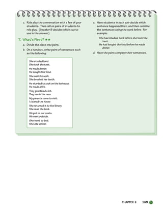 CHAPTER 8 259
c. Role play the conversation with a few of your
students. Then call on pairs of students to
role play. (Speaker B decides which cue to
use in the answer.)
7. What’s First? ★★
a. Divide the class into pairs.
b. On a handout, write pairs of sentences such
as the following:
She studied hard.
She took the test.
He made dinner.
He bought the food.
She went to work.
She brushed her teeth.
He started to cook on the barbecue.
He made a fire.
They practiced a lot.
They ran in the race.
My parents came to visit.
I cleaned the house
She returned it to the library.
She read the book.
We put on our coats.
We went outside.
She went to bed.
She ate dinner.
c. Have students in each pair decide which
sentence happened first, and then combine
the sentences using the word before. For
example:
She had studied hard before she took the
test.
He had bought the food before he made
dinner.
d. Have the pairs compare their sentences.
252-297_SBSTG3_CH08.qxp 7/10/07 2:20 PM Page 259
 