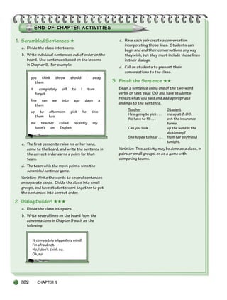 332 CHAPTER 9
1. Scrambled Sentences ★
a. Divide the class into teams.
b. Write individual sentences out of order on the
board. Use sentences based on the lessons
in Chapter 9. For example:
you think throw should I away
them
it completely off to I turn
forgot
few ran we into ago days a
them
up to afternoon pick he this
them has
me teacher called recently my
hasn’t on English
c. The first person to raise his or her hand,
come to the board, and write the sentence in
the correct order earns a point for that
team.
d. The team with the most points wins the
scrambled sentence game.
Variation: Write the words to several sentences
on separate cards. Divide the class into small
groups, and have students work together to put
the sentences into correct order.
2. Dialog Builder! ★★★
a. Divide the class into pairs.
b. Write several lines on the board from the
conversations in Chapter 9 such as the
following:
It completely slipped my mind!
I’m afraid not.
No, I don’t think so.
Oh, no!
c. Have each pair create a conversation
incorporating those lines. Students can
begin and end their conversations any way
they wish, but they must include those lines
in their dialogs.
d. Call on students to present their
conversations to the class.
3. Finish the Sentence ★★
Begin a sentence using one of the two-word
verbs on text page 130 and have students
repeat what you said and add appropriate
endings to the sentence.
Teacher Student
He’s going to pick . . . me up at 8:00.
We have to fill . . . out the insurance
forms.
Can you look . . . up the word in the
dictionary?
She hopes to hear . . . from her boyfriend
tonight.
Variation: This activity may be done as a class, in
pairs or small groups, or as a game with
competing teams.
298-335_SBSTG3_CH09.qxp 7/10/07 2:21 PM Page 332
 