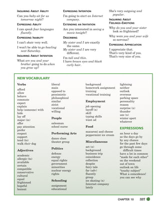 CHAPTER 10 337
Verbs
afford
allow
behave
commute
expect
explain
help (someone) with
hide
lay off
major (in)
offer
pay attention
prefer
respect
support
tend (to)
walk their dog
Adjectives
academic
allergic (to)
available
certain
compatible
conservative
cultural
equal
frightened
hopeful
lenient
liberal
main
opposed to
pessimistic
philosophical
similar
strict
vocational
willing
People
salesman
school nurse
Performing Arts
dance class
theater group
Politics
defense
energy
equal rights
government
minorities
nuclear energy
rights
Schooling
assignment
educational
background
homework assignment
training
vocational training
Employment
job opening
layoff (n)
skill
typing skills
want ad
Food
macaroni and cheese
peppermint ice cream
Miscellaneous
act (n)
background
business trip
coincidence
collection
despite
fairy tale
far (adv)
fluently
group
ice skating (n)
Internet company
lately
lightning
neither
outlook
overseas
parking space
personality
reason
surprise (n)
thunder
use (n)
winter sport
whatever
EXPRESSIONS
an hour a day
as the days go by
by any chance
for the past few days
go through some
difficult times
have a lot in common
“made for each other”
on the weekend
out of town
outlook on life
“touchy subject”
What a coincidence!
you can see why
INQUIRING ABOUT ABILITY
Can you baby-sit for us
tomorrow night?
EXPRESSING ABILITY
I can speak four languages
fluently.
EXPRESSING INABILITY
I can’t skate very well.
I won’t be able to go bowling
next Saturday.
INQUIRING ABOUT INTENTION
What are you and your
brother going to do when
you grow up?
EXPRESSING INTENTION
I’m going to start an Internet
company.
EXTENDING AN INVITATION
Are you interested in seeing a
movie tonight?
DESCRIBING
My sister and I are exactly
the same.
My sister and I are very
different.
I’m tall and thin.
I have brown eyes and black
curly hair.
She’s very outgoing and
popular.
INQUIRING ABOUT
FEELINGS–EMOTIONS
Why do you and your sister
look so frightened?
Why were you and your wife
so nervous?
EXPRESSING APPRECIATION
I appreciate that.
That’s very kind of you.
That’s very nice of you.
NEW VOCABULARY
336-373_SBSTG3_CH10.qxp 7/10/07 2:21 PM Page 337
 