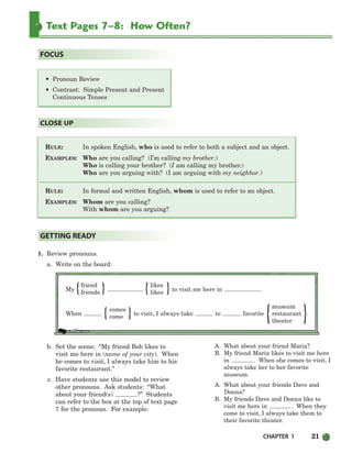 CHAPTER 1 21
Text Pages 7–8: How Often?
RULE: In spoken English, who is used to refer to both a subject and an object.
EXAMPLES: Who are you calling? (I’m calling my brother.)
Who is calling your brother? (I am calling my brother.)
Who are you arguing with? (I am arguing with my neighbor.)
RULE: In formal and written English, whom is used to refer to an object.
EXAMPLES: Whom are you calling?
With whom are you arguing?
CLOSE UP
• Pronoun Review
• Contrast: Simple Present and Present
Continuous Tenses
FOCUS
1. Review pronouns.
a. Write on the board:
b. Set the scene: “My friend Bob likes to
visit me here in (name of your city). When
he comes to visit, I always take him to his
favorite restaurant.”
c. Have students use this model to review
other pronouns. Ask students: “What
about your friend(s) ?” Students
can refer to the box at the top of text page
7 for the pronoun. For example:
A. What about your friend Maria?
B. My friend Maria likes to visit me here
in . When she comes to visit, I
always take her to her favorite
museum.
A. What about your friends Dave and
Donna?
B. My friends Dave and Donna like to
visit me here in . When they
come to visit, I always take them to
their favorite theater.
GETTING READY
friend likes
My
friends likes
to visit me here in .
comes
museum
When
come
to visit, I always take to favorite restaurant .
theater
{ } { }
}
{
{ }
002-033_SBSTG3_CH01.qxp 7/12/07 8:18 AM Page 21
 