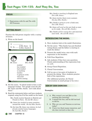 346 CHAPTER 10
Text Pages 134–135: And They Do, Too
{ }
Practice the 3rd person singular with a variety
of tenses.
1. Write on the board:
A. .
Mr. Jones
.
B. So
Mrs. Smith
Mr. Jones Mrs. Smith
studied
has studied
had studied
is teaching
teaches
is going to write
will send
will be coming
2. Set the scene: “A school needs to hire a new
language teacher. Two people want the job:
Mr. Jones and Mrs. Smith. Let’s talk about
them.”
3. Read the statements below and have students
respond, using line B of the model on the board.
Mrs. Smith studied Spanish in Madrid and
French in Paris. (So did Mr. Jones.)
Mr. Jones has studied in many countries
around the world. (So has Mrs. Smith.)
By the time Mr. Jones was sixteen, he had
already studied many languages.
(So had Mrs. Smith.)
Mrs. Smith is teaching in England now.
(So is Mr. Jones.)
Mr. Jones teaches there every summer.
(So does Mrs. Smith.)
Mrs. Smith is going to write a book soon.
(So is Mr. Jones.)
Mr. Jones will send us his new book as soon
as it’s ready. (So will Mrs. Smith.)
Mrs. Smith will be coming for a job interview
next week. (So will Mr. Jones.)
1. Have students look at the model illustration.
2. Set the scene: “This family has just finished
eating dinner, and the father is starting to
wash the dishes.”
3. Present the model twice, once with each
expression in the brackets.
4. Full-Class Repetition.
5. Ask students if they have any questions.
Check understanding of the expression help
me with.
6. Group Choral Repetition.
7. Choral Conversation.
8. Call on one or two pairs of students to
present the dialog. Have students practice
both of the expressions.
(For additional practice, do Choral
Conversation in small groups or by rows.)
Examples
1. A. Why weren’t you and Bob at the
meeting this morning?
B. I missed the bus, and he did too/and
so did he.
2. A. Why are you and Vanessa so nervous
today?
B. I have two final exams tomorrow, and
she does too/and so does she.
SIDE BY SIDE EXERCISES
INTRODUCING THE MODEL
GETTING READY
• Expressions with So and Too with
All Pronouns
FOCUS
336-373_SBSTG3_CH10.qxp 7/10/07 2:21 PM Page 346
 