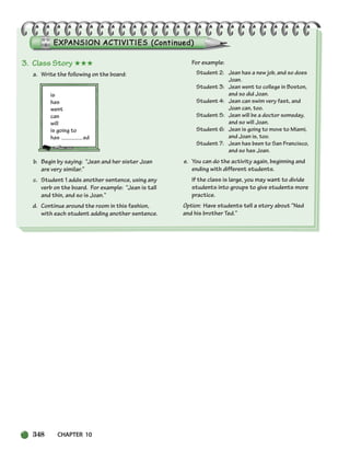348 CHAPTER 10
3. Class Story ★★★
a. Write the following on the board:
is
has
went
can
will
is going to
has ed
b. Begin by saying: “Jean and her sister Joan
are very similar.”
c. Student 1 adds another sentence, using any
verb on the board. For example: “Jean is tall
and thin, and so is Joan.”
d. Continue around the room in this fashion,
with each student adding another sentence.
For example:
Student 2: Jean has a new job, and so does
Joan.
Student 3: Jean went to college in Boston,
and so did Joan.
Student 4: Jean can swim very fast, and
Joan can, too.
Student 5: Jean will be a doctor someday,
and so will Joan.
Student 6: Jean is going to move to Miami,
and Joan is, too.
Student 7: Jean has been to San Francisco,
and so has Joan.
e. You can do the activity again, beginning and
ending with different students.
If the class is large, you may want to divide
students into groups to give students more
practice.
Option: Have students tell a story about “Ned
and his brother Ted.”
336-373_SBSTG3_CH10.qxp 7/10/07 2:21 PM Page 348
 