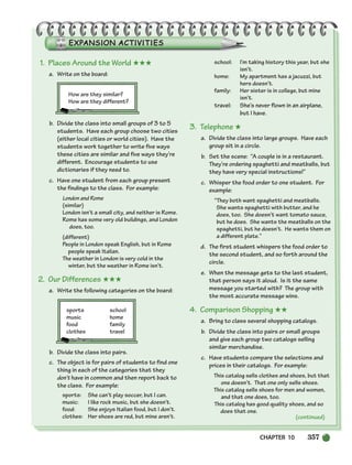 CHAPTER 10 357
1. Places Around the World ★★★
a. Write on the board:
How are they similar?
How are they different?
b. Divide the class into small groups of 3 to 5
students. Have each group choose two cities
(either local cities or world cities). Have the
students work together to write five ways
these cities are similar and five ways they’re
different. Encourage students to use
dictionaries if they need to.
c. Have one student from each group present
the findings to the class. For example:
London and Rome
(similar)
London isn’t a small city, and neither is Rome.
Rome has some very old buildings, and London
does, too.
(different)
People in London speak English, but in Rome
people speak Italian.
The weather in London is very cold in the
winter, but the weather in Rome isn’t.
2. Our Differences ★★★
a. Write the following categories on the board:
sports school
music home
food family
clothes travel
b. Divide the class into pairs.
c. The object is for pairs of students to find one
thing in each of the categories that they
don’t have in common and then report back to
the class. For example:
sports: She can’t play soccer, but I can.
music: I like rock music, but she doesn’t.
food: She enjoys Italian food, but I don’t.
clothes: Her shoes are red, but mine aren’t.
school: I’m taking history this year, but she
isn’t.
home: My apartment has a jacuzzi, but
hers doesn’t.
family: Her sister is in college, but mine
isn’t.
travel: She’s never flown in an airplane,
but I have.
3. Telephone ★
a. Divide the class into large groups. Have each
group sit in a circle.
b. Set the scene: “A couple is in a restaurant.
They’re ordering spaghetti and meatballs, but
they have very special instructions!”
c. Whisper the food order to one student. For
example:
“They both want spaghetti and meatballs.
She wants spaghetti with butter, and he
does, too. She doesn’t want tomato sauce,
but he does. She wants the meatballs on the
spaghetti, but he doesn’t. He wants them on
a different plate.”
d. The first student whispers the food order to
the second student, and so forth around the
circle.
e. When the message gets to the last student,
that person says it aloud. Is it the same
message you started with? The group with
the most accurate message wins.
4. Comparison Shopping ★★
a. Bring to class several shopping catalogs.
b. Divide the class into pairs or small groups
and give each group two catalogs selling
similar merchandise.
c. Have students compare the selections and
prices in their catalogs. For example:
This catalog sells clothes and shoes, but that
one doesn’t. That one only sells shoes.
This catalog sells shoes for men and women,
and that one does, too.
This catalog has good quality shoes, and so
does that one.
(continued)
336-373_SBSTG3_CH10.qxp 7/10/07 2:21 PM Page 357
 