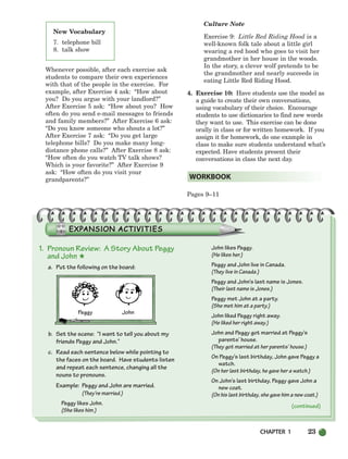 CHAPTER 1 23
New Vocabulary
7. telephone bill
8. talk show
Whenever possible, after each exercise ask
students to compare their own experiences
with that of the people in the exercise. For
example, after Exercise 4 ask: “How about
you? Do you argue with your landlord?”
After Exercise 5 ask: “How about you? How
often do you send e-mail messages to friends
and family members?” After Exercise 6 ask:
“Do you know someone who shouts a lot?”
After Exercise 7 ask: “Do you get large
telephone bills? Do you make many long-
distance phone calls?” After Exercise 8 ask:
“How often do you watch TV talk shows?
Which is your favorite?” After Exercise 9
ask: “How often do you visit your
grandparents?”
Culture Note
Exercise 9: Little Red Riding Hood is a
well-known folk tale about a little girl
wearing a red hood who goes to visit her
grandmother in her house in the woods.
In the story, a clever wolf pretends to be
the grandmother and nearly succeeds in
eating Little Red Riding Hood.
4. Exercise 10: Have students use the model as
a guide to create their own conversations,
using vocabulary of their choice. Encourage
students to use dictionaries to find new words
they want to use. This exercise can be done
orally in class or for written homework. If you
assign it for homework, do one example in
class to make sure students understand what’s
expected. Have students present their
conversations in class the next day.
Pages 9–11
WORKBOOK
1. Pronoun Review: A Story About Peggy
and John ★
a. Put the following on the board:
Peggy John
b. Set the scene: “I want to tell you about my
friends Peggy and John.”
c. Read each sentence below while pointing to
the faces on the board. Have students listen
and repeat each sentence, changing all the
nouns to pronouns.
Example: Peggy and John are married.
(They’re married.)
Peggy likes John.
(She likes him.)
John likes Peggy.
(He likes her.)
Peggy and John live in Canada.
(They live in Canada.)
Peggy and John’s last name is Jones.
(Their last name is Jones.)
Peggy met John at a party.
(She met him at a party.)
John liked Peggy right away.
(He liked her right away.)
John and Peggy got married at Peggy’s
parents’ house.
(They got married at her parents’ house.)
On Peggy’s last birthday, John gave Peggy a
watch.
(On her last birthday, he gave her a watch.)
On John’s last birthday, Peggy gave John a
new coat.
(On his last birthday, she gave him a new coat.)
(continued)
002-033_SBSTG3_CH01.qxp 7/10/07 2:13 PM Page 23
 
