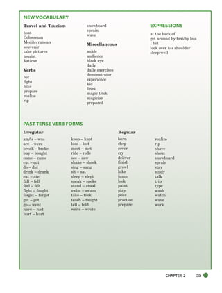 CHAPTER 2 35
NEW VOCABULARY
Travel and Tourism
boat
Colosseum
Mediterranean
souvenir
take pictures
tourist
Vatican
Verbs
bet
fight
hike
prepare
realize
rip
snowboard
sprain
wave
Miscellaneous
ankle
audience
black eye
daily
daily exercises
demonstrator
experience
kid
lines
magic trick
magician
prepared
EXPRESSIONS
at the back of
get around by taxi/by bus
I bet
look over his shoulder
sleep well
PAST TENSE VERB FORMS
Irregular
am/is – was
are – were
break – broke
buy – bought
come – came
cut – cut
do – did
drink – drank
eat – ate
fall – fell
feel – felt
fight – fought
forget – forgot
get – got
go – went
have – had
hurt – hurt
Regular
realize
rip
shave
shout
snowboard
sprain
stay
study
talk
trip
type
wash
watch
wave
work
keep – kept
lose – lost
meet – met
ride – rode
see – saw
shake – shook
sing – sang
sit – sat
sleep – slept
speak – spoke
stand – stood
swim – swam
take – took
teach – taught
tell – told
write – wrote
burn
chop
cover
cry
deliver
finish
growl
hike
jump
look
paint
play
poke
practice
prepare
034-063_SBSTG3_CH02.qxp 7/10/07 2:16 PM Page 35
 
